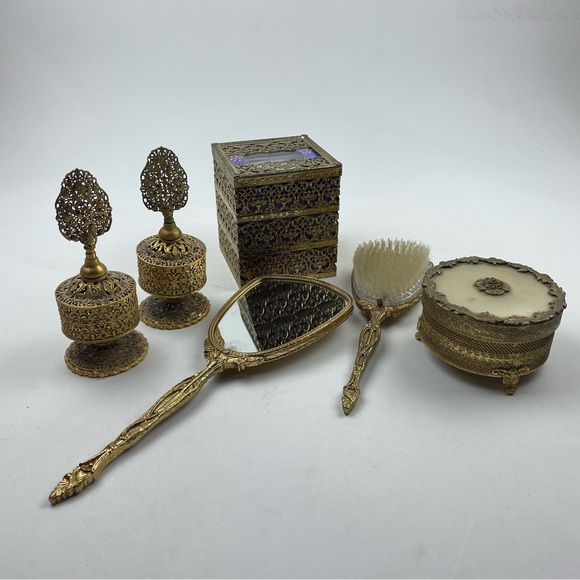 Vintage America Other - Vintage Filigree 6 Pc Vanity Set Hair Brush Hand Mirror & Perfume Tray Gold Tone